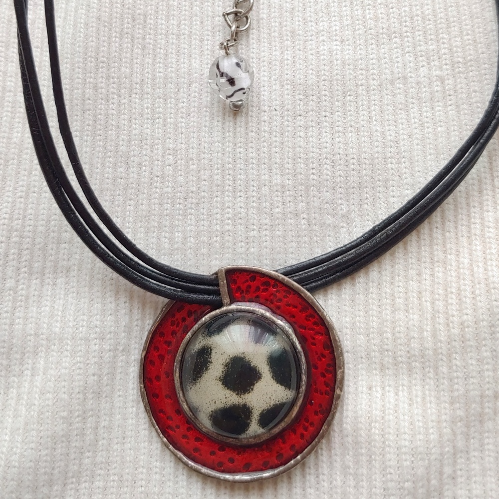 Faux leather necklace with red pendant
